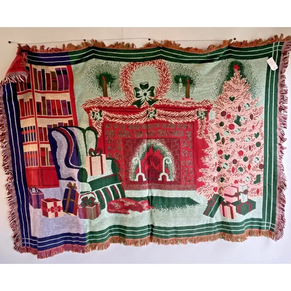 VTG Chatham Christmas Fireplace Tapestry, Woven Throw / Wall Hanging
